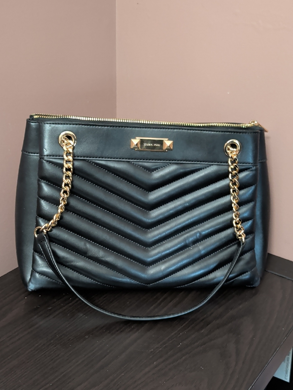 Michael Kors Black Quilted Shoulder Tote with Gold Chains